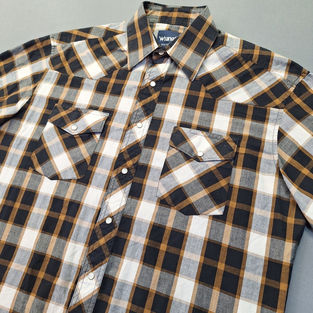 Wrangler Western Shirt Mens XL Short Sleeve Plaid Pearl Snap Brown Black Rodeo